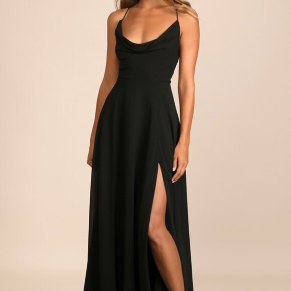 Lulus Romantically Speaking Black Cowl Lace-up Maxi Dress - Size M - Picture 1 of 1